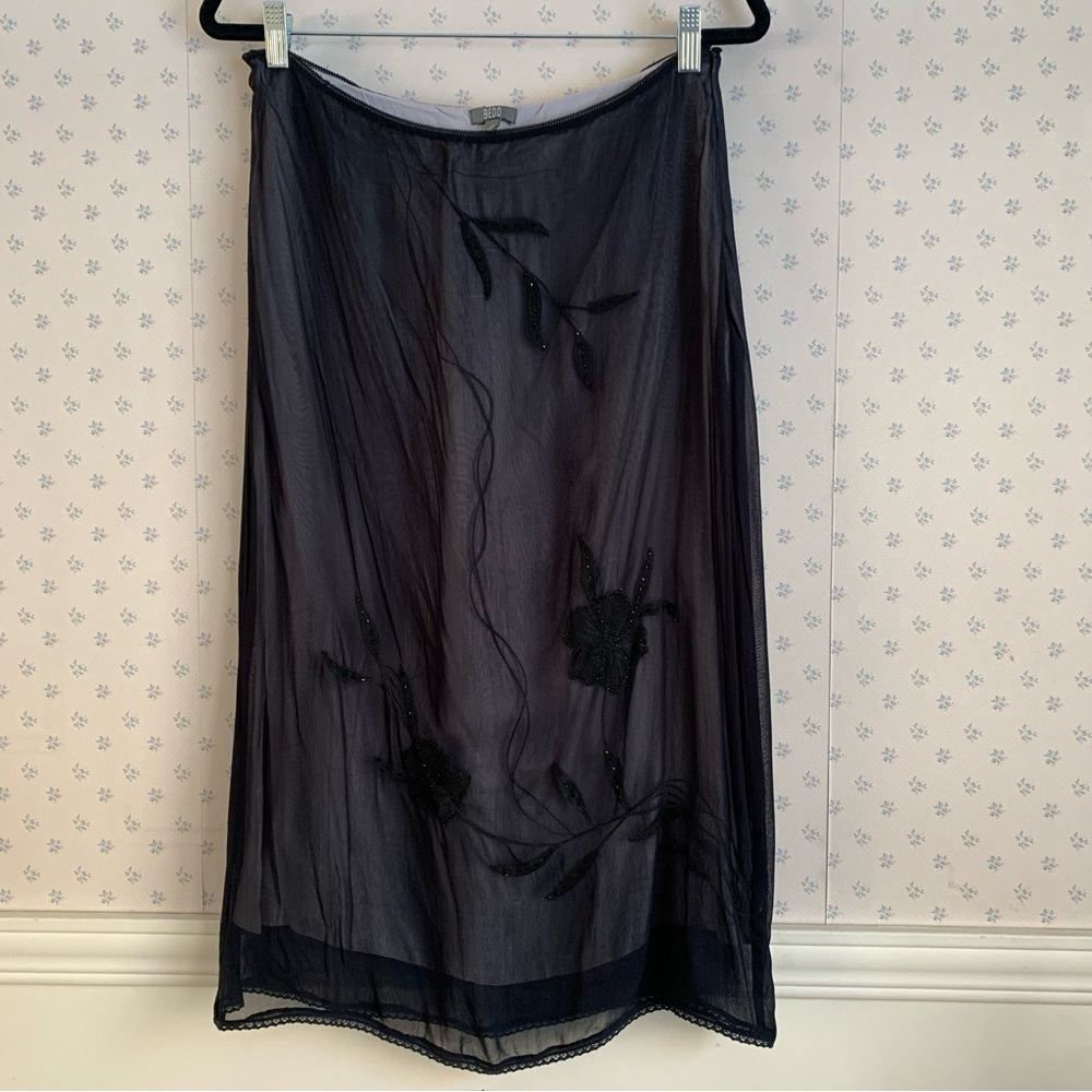 Vintage Y2K Black Sheer Beaded Embroidered Floral Midi Skirt